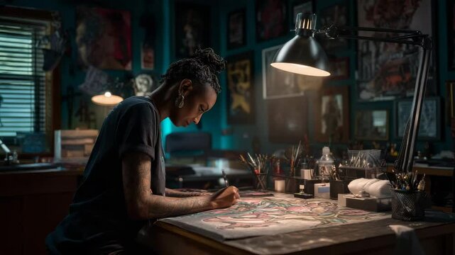 Artist Concentrating on Intricate Drawing in Vibrant Studio with Artistic Decor and Warm Lighting