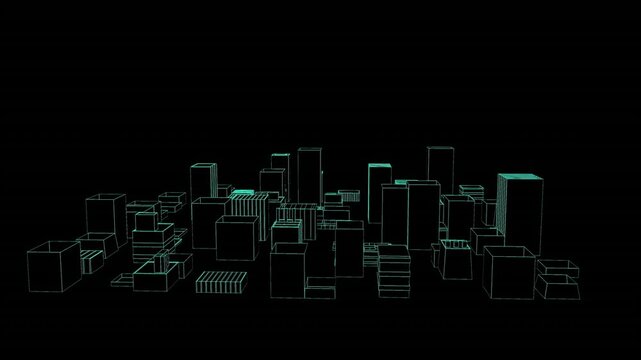 Neon green wireframe blocks floating across black void, forming abstract digital cityscape