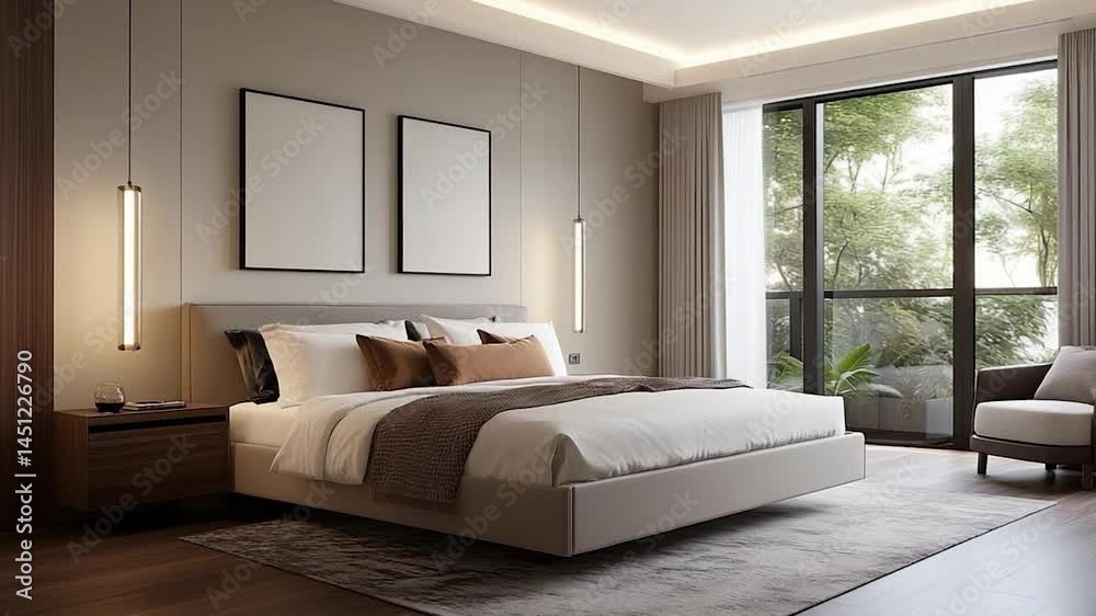 Aufkleber modern bedroom interior with a large bed pillows and blanket a large window a minimalist design with