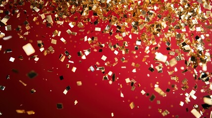 Glittering gold confetti explosion effect on dark red background with dynamic motion blur, celebration new year night, holiday party concept, celebratory background suitable for invitations.
