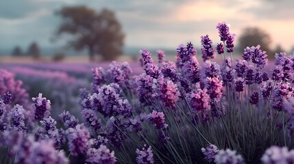 Obraz premium Fields of blooming lavender with soft gradient horizons: Capture Pastel Floral Landscapes for Tranquil Photography Portfolios