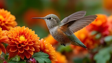 Obraz premium Admire delicate hummingbird hovering midair to sip nectar from vibrant blossom in sun-drenched tropical garden