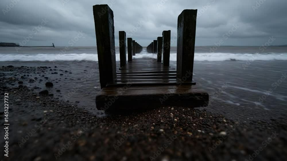 Poster dramatic coastal scene with wooden structure leading into the ocean under a moody, cloudy sky. waves