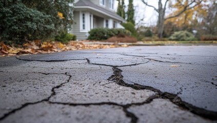 Cracked Asphalt Driveway in Autumn