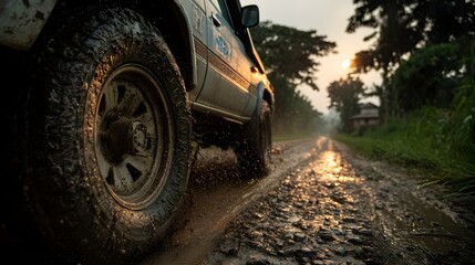 Muddy vehicle spinning wheels in thick mud on rural road illustrating traction loss emergency situation