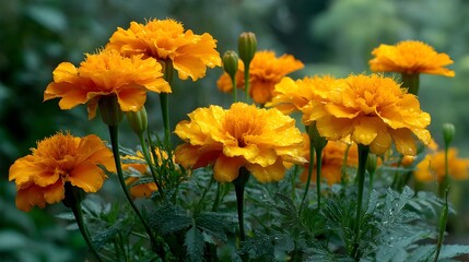 Fototapeta premium Brighten Garden Cluster Of Golden Marigolds Blooming Amid Lush Green Foliage For Seasonal Color Accents