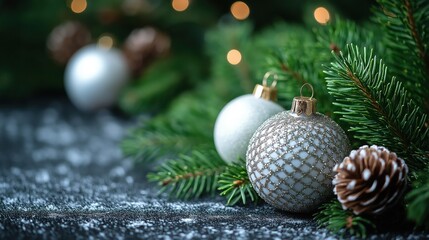 Minimalist Christmas background with festive ornaments and copy space for holiday design