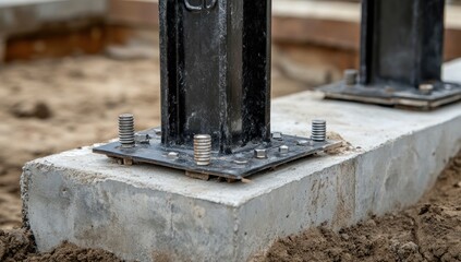 Steel Post Foundation Construction Detail: Close-up of anchored steel posts secured to a concrete base with bolts, showcasing robust construction.