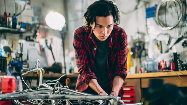 Dedicated Young Man Focused on Bicycle Repair in a Well-Organized Workshop with Tools and Equipment