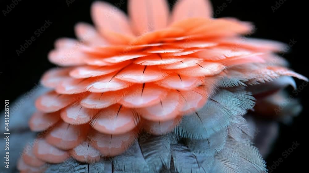 Poster close-up of bird feathers in shades of orange and grey against a dark background revealing textures 