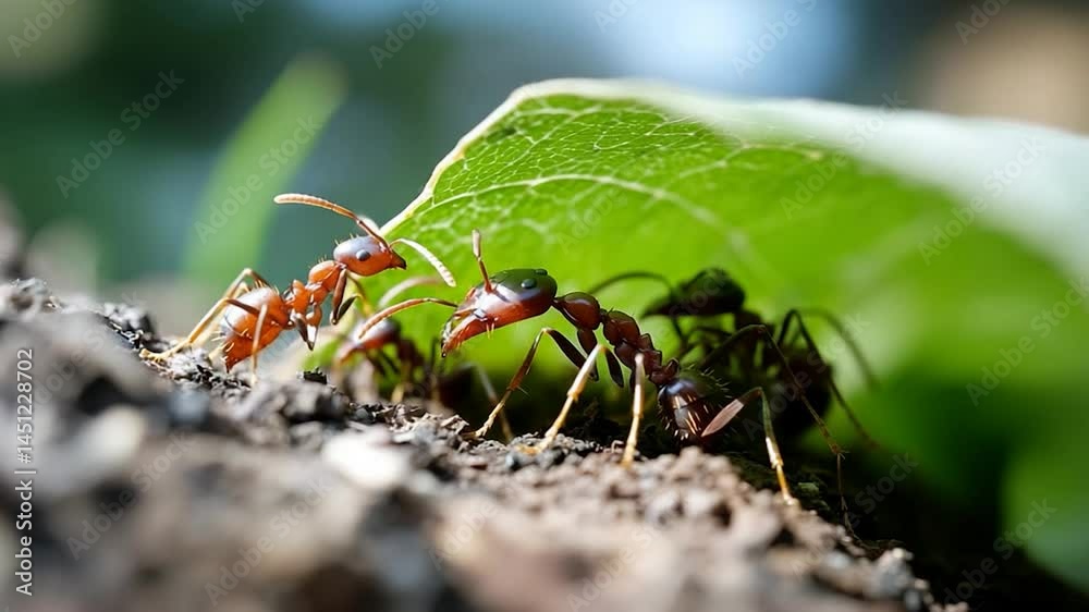 Poster close-up shot of ants on a tree trunk under a green leaf. the ants appear red and dark with detailed