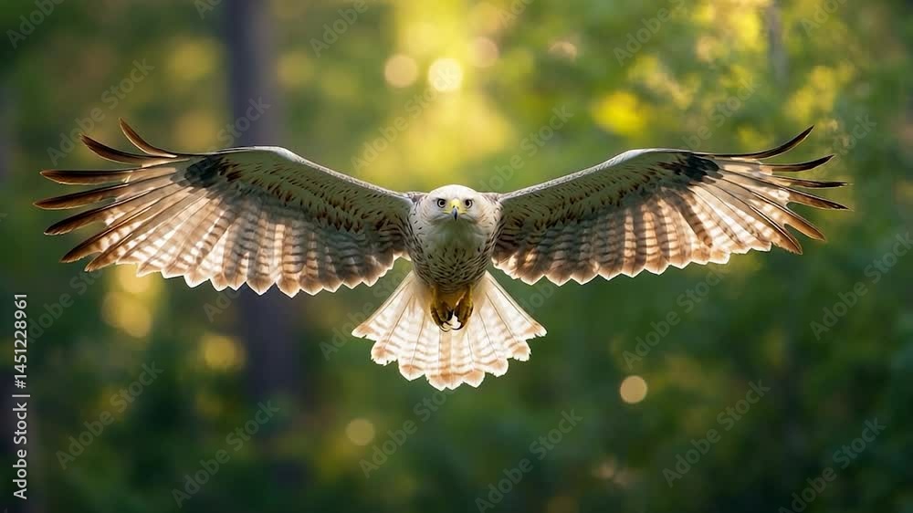Poster A generic bird in mid-flight with wide wingspan showcasing the intricate pattern of the feathers against a blurred green and yellow forest background