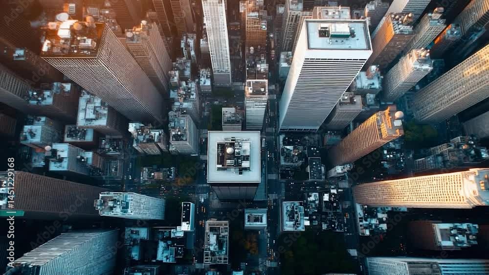 Poster aerial view of a dense cityscape featuring towering skyscrapers with symmetrical geometric designs a