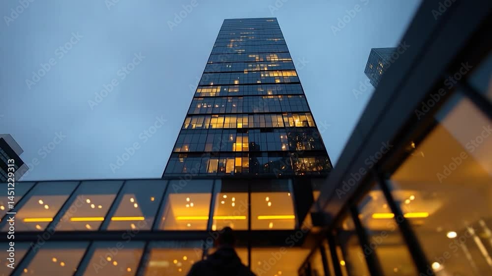 Aufkleber Low angle view of a modern skyscraper at dusk featuring glass facade windows reflecting interior lights and dark silhouettes. A person walks towards the illuminated structure creating a sense of