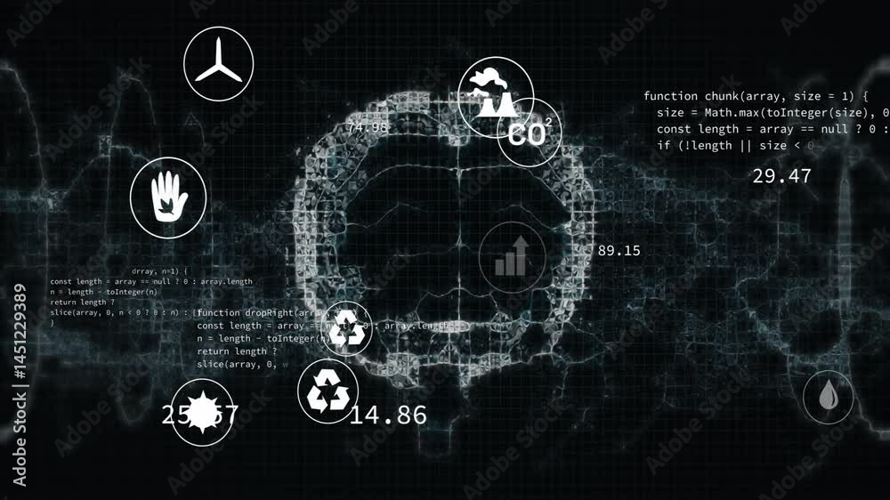 Aufkleber fragmented brain network floating in grid interface, showing sustainability icons and code snippets