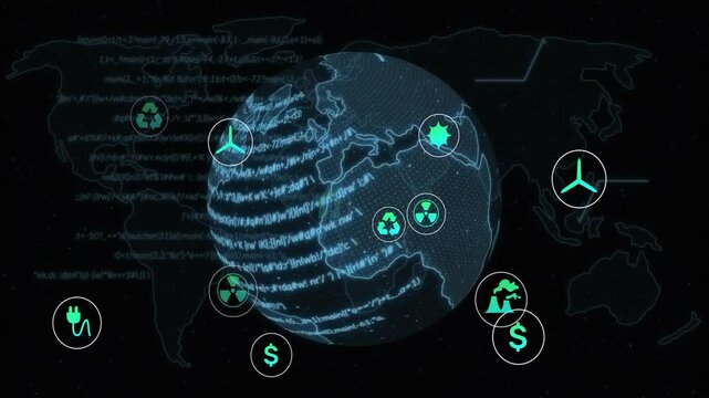 Glowing 3D globe spinning over dark data map displaying wind turbine recycling nuclear hazard icons