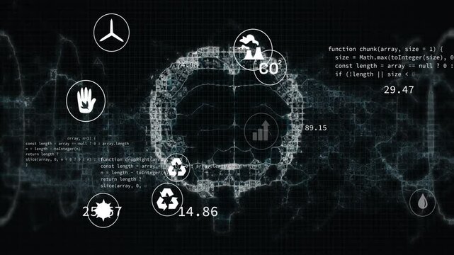 Fragmented brain network floating in grid interface, showing sustainability icons and code snippets