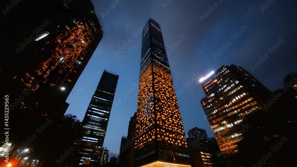 Aufkleber Low angle of illuminated skyscrapers against a twilight sky trees and buildings. Modern architecture with glowing lights and dark shadows during night