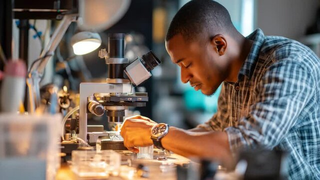 Focused Male Scientist Analyzing Samples Under Microscope in Modern Laboratory Environment