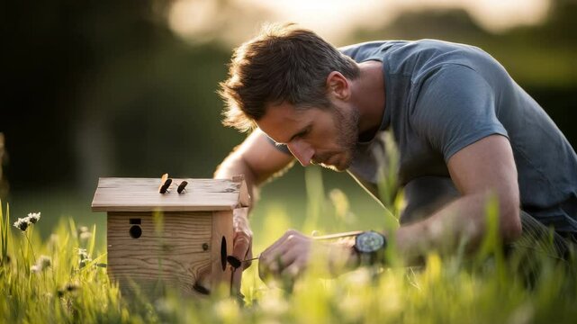 Focused Man Building Beehive in Lush Green Meadow During Golden Hour at Sunset