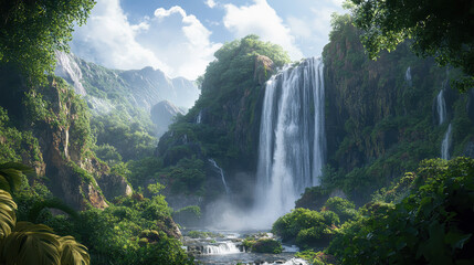 Fototapeta premium Exotic lush tropical rainforest with cascading waterfall surrounded by vibrant green trees and misty mountain landscape under bright blue sky