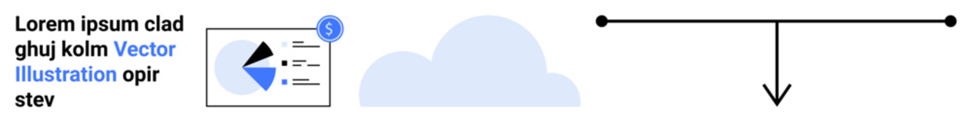 Pie chart on screen, blue cloud, and downward arrow. Ideal for data analytics, trends, cloud software, monitoring, business insights, reports simple landing page