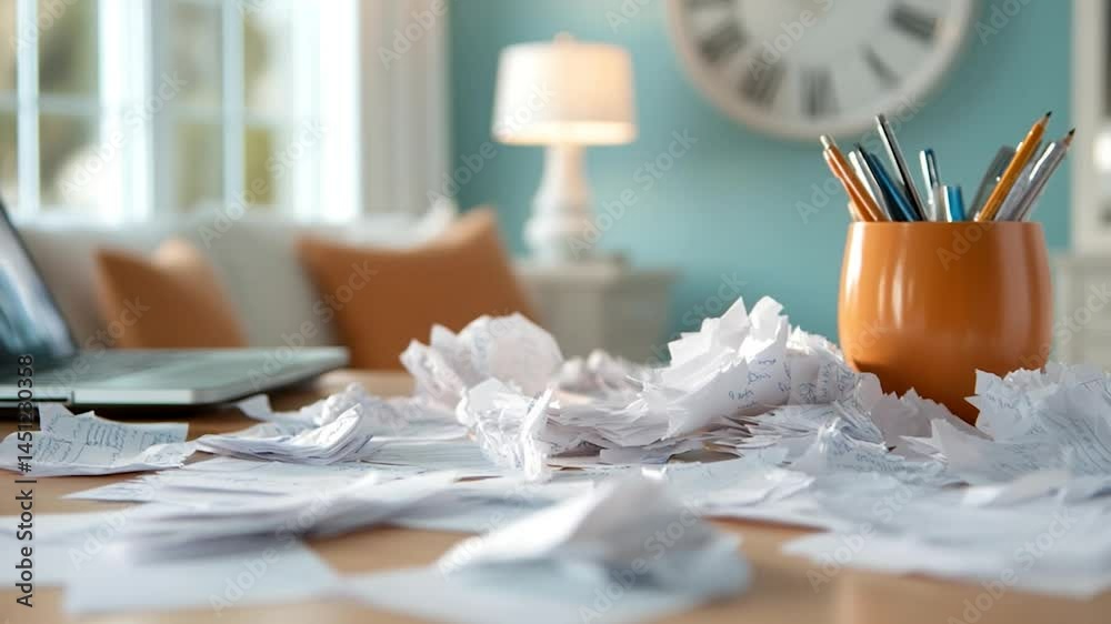 Poster Scattered crumpled paper on a desk with laptop and pencils in orange jar. Soft lighting creates a relaxed interior scene with focus on disarray and potential stress