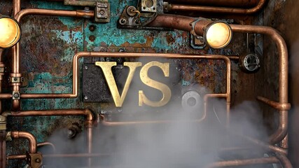 Steampunk-inspired artwork featuring brass pipes and a central VS emblem with smoke.