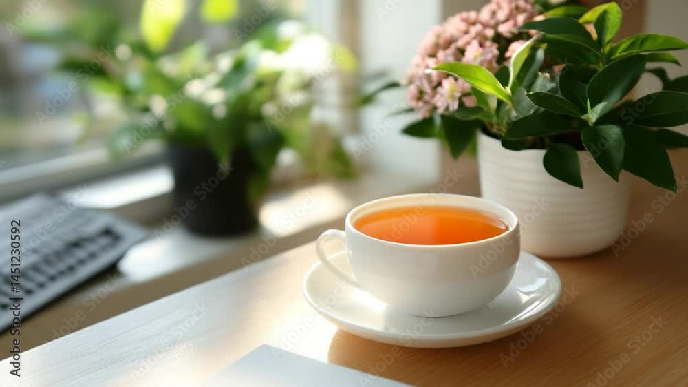 Poster a white teacup on saucer filled with orange tea sits on a wooden table near potted plants and a wind