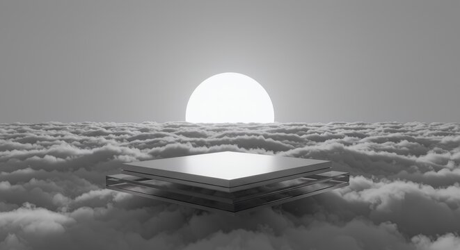 Minimalist Chrome and Glass Podium Above Monochrome Cloudscape
