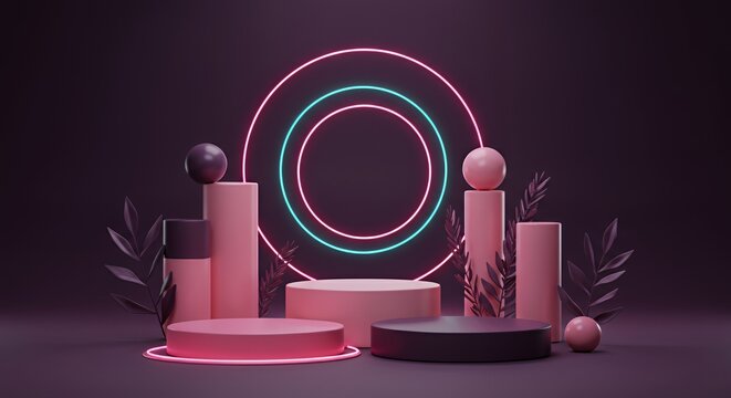 Neon Pink and Teal Pixel Circle Podium Mockup for Product Display