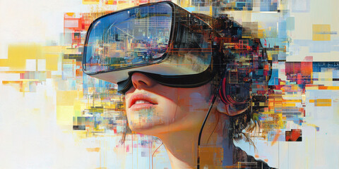 Woman wea virtual reality headset experiencing immersive digital environment with futuristic technology and digital graphics in vibrant colors and abstract design