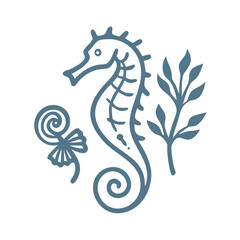 Elegant Seahorse and Seaweed Line Art Illustration