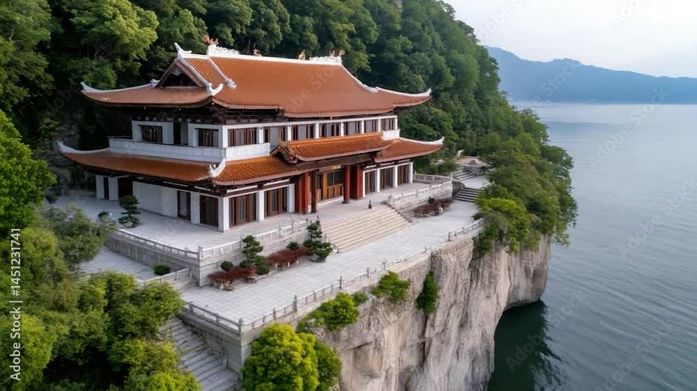 Poster aerial view of an asian style building on a cliff overlooking a body of water surrounded by green ve