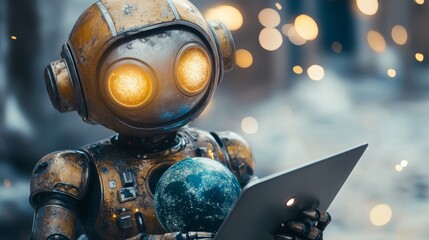 Robot Holding Globe, Futuristic City Background, Artificial Intelligence Concept. 86 characters.