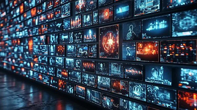 Futuristic wall of interactive displays