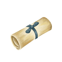 old scroll paper with ribbon illustration. Graduation element for banner design. Drawing realistic illustration graduate decoration element. Rolled Parchment Scroll drawing
