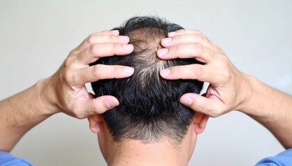 Fototapeta premium Man Massaging His Head, Showing Signs Of Hair Thinning Against A Light Beige