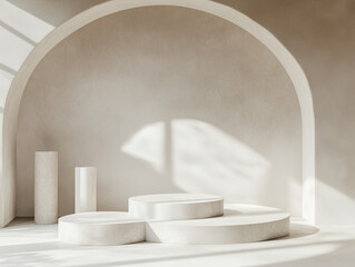 Elegant minimalist scene with a podium under a soft arched niche, bathed in warm natural light.