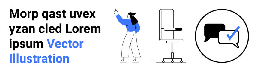 Woman pointing at text, office chair in minimal style, speech bubble with checkmark. Ideal for presentations, workplace concepts, feedback, communication, ideas, teamwork simple landing page