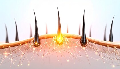 Microscopic View Of Hair Follicles With Glowing Network And Orange Light