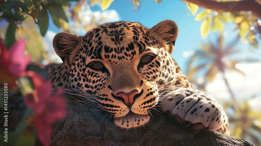 Poster close-up of a generic animal resting on a tree branch with spotted fur and intense gaze under a brig