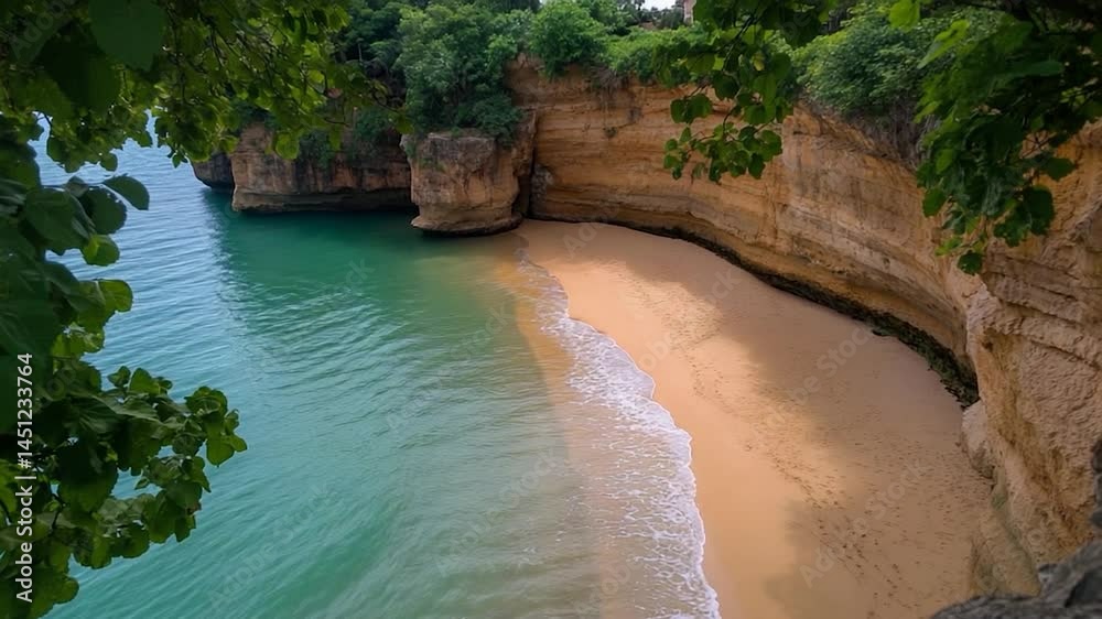Poster aerial view of a serene beach with turquoise water and golden sand embraced by cliffs and green foli
