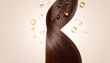 Shiny Dark Brown Hair Strand With Golden Drops On Beige Background