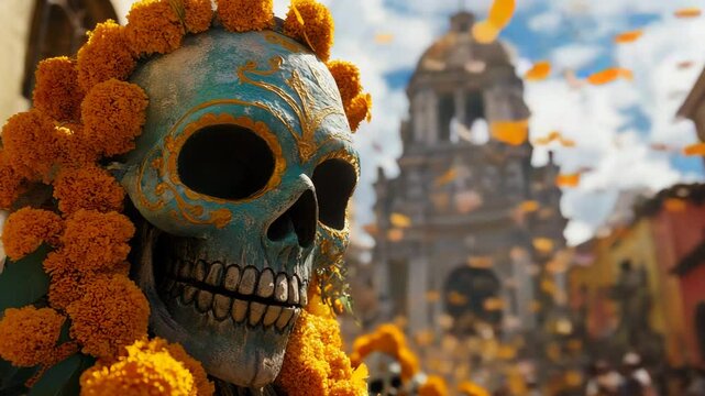 Day of the Dead Skull with Marigolds in Oaxaca