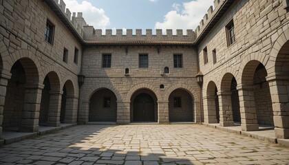Stone courtyard with arched entrances and crenellated walls unde
