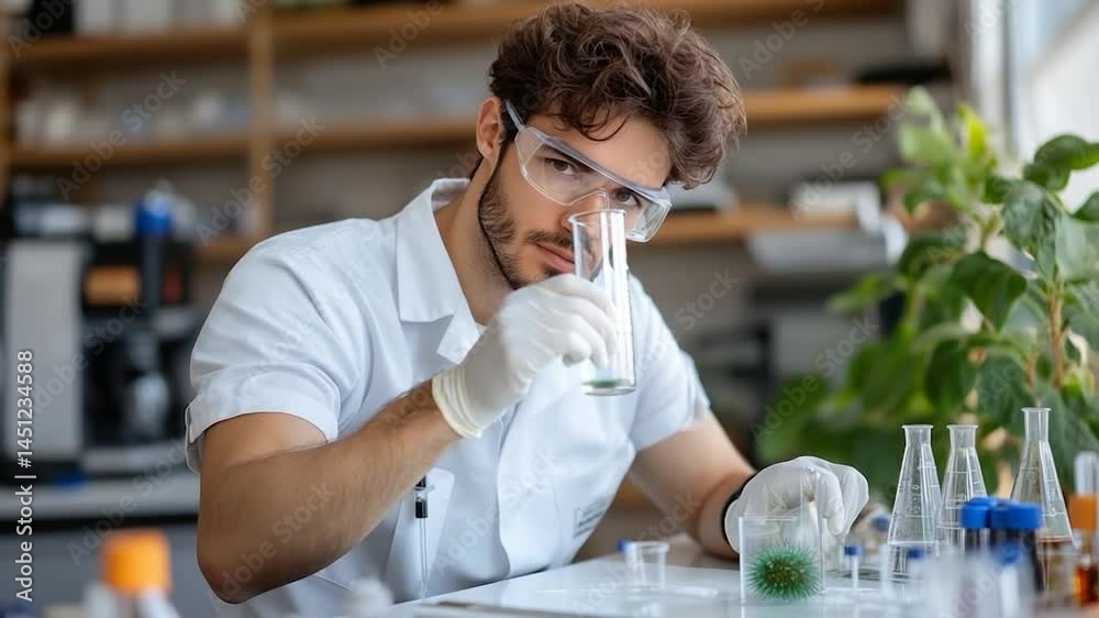 Poster scientist examining a glass vial with a green object wearing protective glasses and gloves in a labo