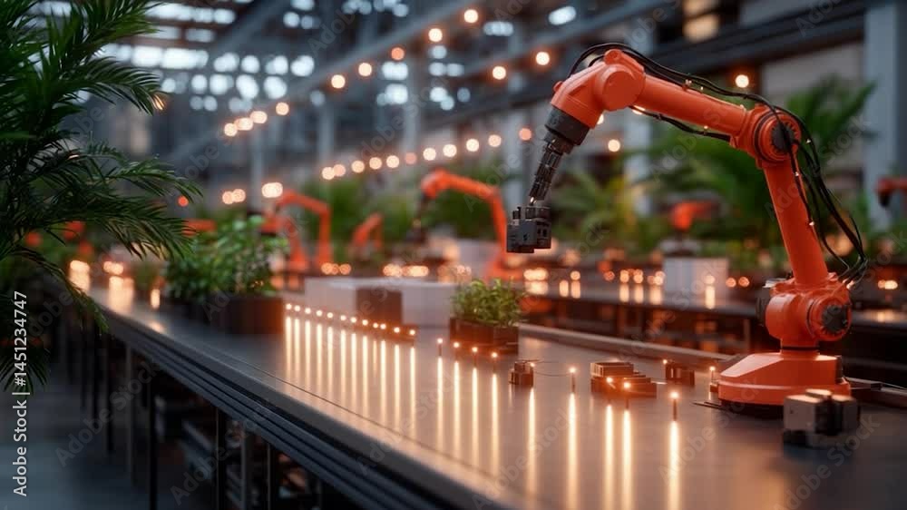 Poster an orange robotic arm working on a manufacturing line with a soft focus and lights. green plants are