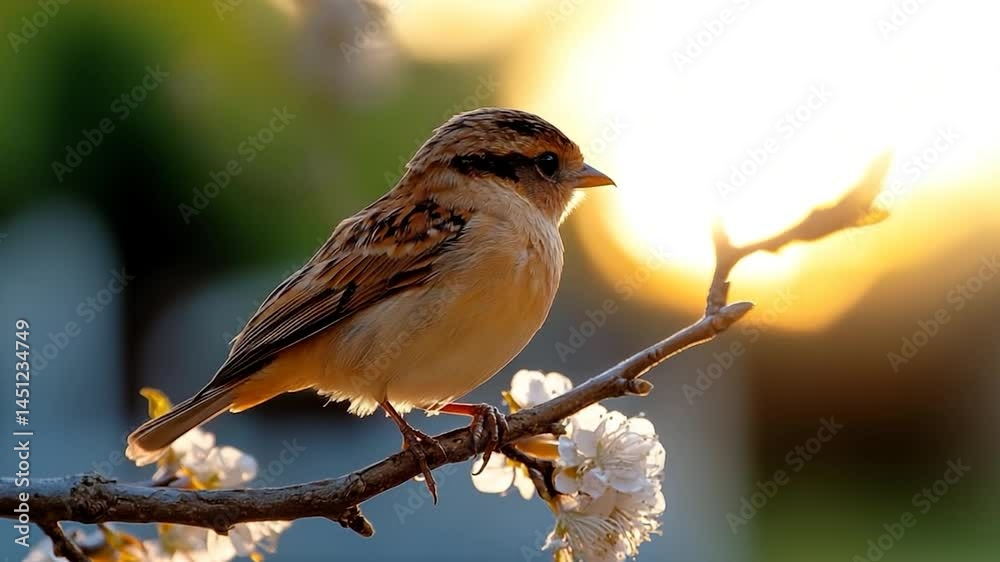 Poster a small bird perched on a branch with white flowers basks in warm sunlight. the background is blurre