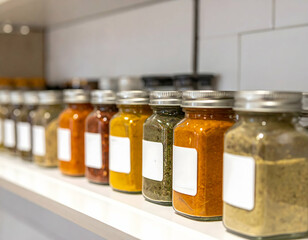 Colorful Spice Jars On White Shelf